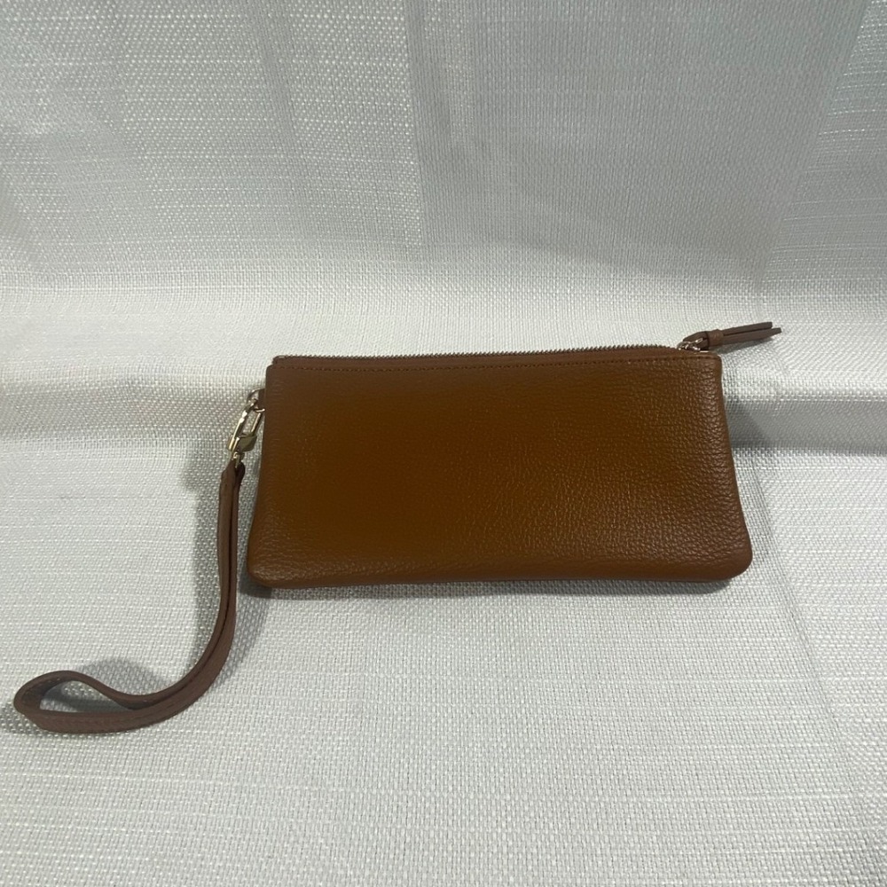 Mark & Graham Pebbled Leather Wristlet Clutch Bag Camel Brown Gold Hardware